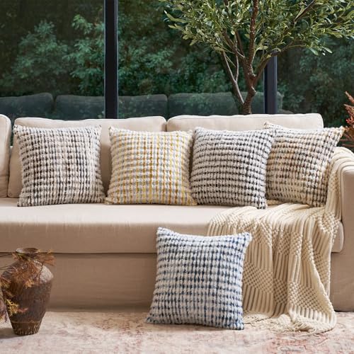 Aeckself Boho Chenille Tufted Pillow Cover 18x18 Inch, Decorative Square Throw Pillow Cover Neutral Pillowcase for Couch Bedroom Living Room, Blue White - color: Blue White, size: 18" x 18" (Pack of 1)