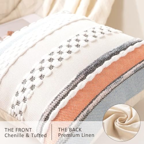 Boho Throw Pillow Covers 18x18 Set of 2 Farmhouse Decorative Cushion Case Striped Square Pillows Cover Chenille Pillow Cases Accent Neutral Pillowcase for Sofa Couch Bed,Orange-Blue - color: Orange-blue Stripe