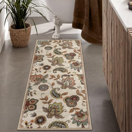 Morebes Floral Kitchen Rugs Non Slip,2x5 Rug Runner, Washable Paisley Design Entryway Rug, Non Shedding Door Indoor Floor Carpet Runner for Laundry Room Bedroom Bathroom,Beige Ivory - color: Ivory/Beige, size: 2' x 5' (Rectangular)