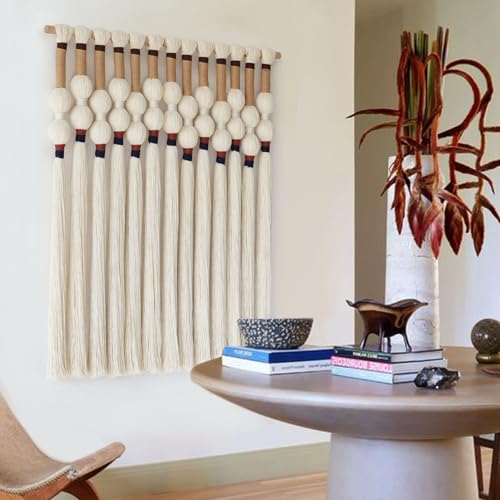 Macrame Wall Hanging Boho Wall Art Handmade Spherical Knot 27" W x 33" L | Handmade Spherical Knot Design, Tassel Fringe, Bedroom Living Room Decor, 27" W x 33" L - color: Ivory4