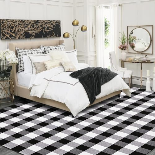Buffalo Plaid Rug 5.5'x7.5'Black and White Area Rug,Washable Cotton Woven Indoor/Outdoor Rug for Farmhouse/Dining Room/Bedroom/Living Room Rug Retro Lattice Checkered Carpet - size: 5.5'x 7.5'