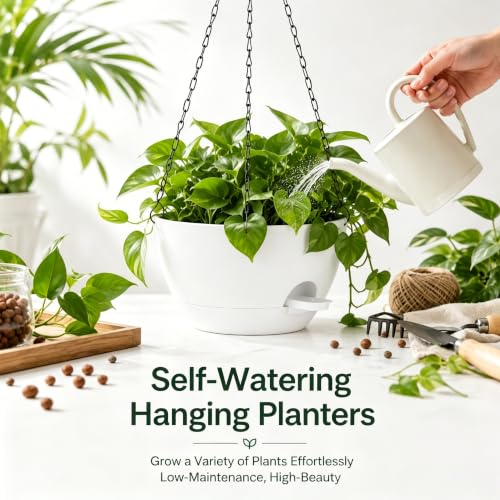 2 Pack Hanging Planters for Indoor Outdoor Plants, 12Inch Self Watering Hanging Pot with Drainage Holes and Saucer, Plastic Plant Pots, White Flower Pots for Kitchen, Balcony, Garden - color: White