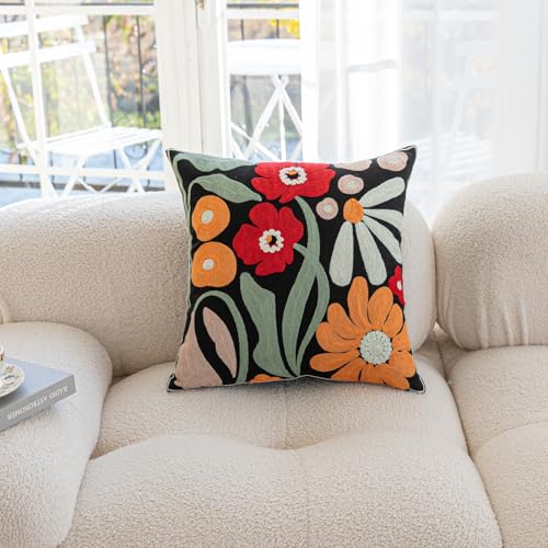 YIcabinet Pack of 2 Throw Pillow Covers,Colorful Flowers Embroidered Pillow Case Soft Decorative Pillowcases for Home Sofa Couch 18x18 Inch - color: Black16