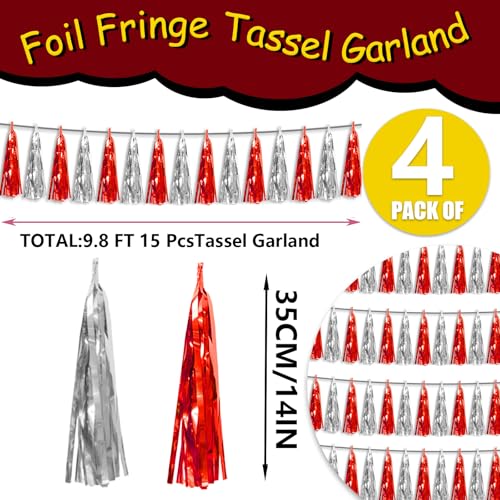 4P Red Silver Foil Fringe Metallic Tassel Streamers Banner Tassel Garland for Parade Floats, Graduation, Wedding, Birthday, Halloween, Christmas, Bridal/Baby Shower Party Decorations - color: Red Silver