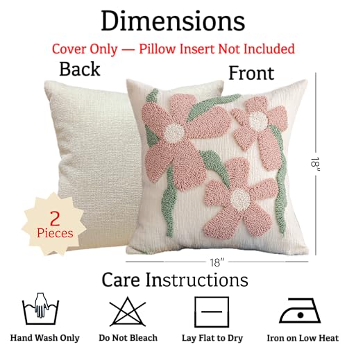 Summer Floral Throw Pillow Covers 18x18 Inch Set of 2, Chenille Embroidered Pillowcase with 3D Tufted Pink Flowers Sage Green Leaves, Boho Decorative Cushion Covers for Couch Sofa Bed - color: Pink, size: 18" x 18" (Pack of 2)