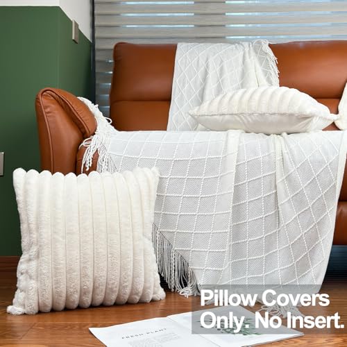 18x18 Throw Pillow Covers Set of 2, Decorative Faux Fur Covers for Bed, Couch Soft Fluffy Pillow Cover with Velvet Back for Living Room, Neutral Home Décor Accent for Sofa - Cream White - color: Cream White, size: 18" x 18" (Pack of 2)