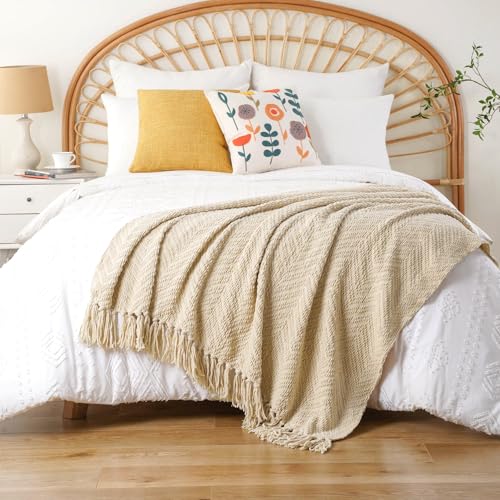 BATTILO HOME Beige Throw Blanket for Couch, Knitted Beige Throw for Bed, Neutral Throw Blankets Tan Throw Blanket for Room Decor Housewarming Gifts, 50" x 60" - color: Beige, size: 50"x60"