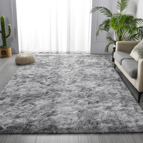 Deerhoo Large Shag Area Rugs 9 x 12, Tie-Dyed Plush Fuzzy Rugs for Living Room, Ultra Soft Fluffy Furry Rug for Bedroom, Indoor Carpet Nursery Rugs for Kids Room Home Decor, Light Grey - color: Tie-dyed Light Grey, size: 9' x 12' (Rectangular)