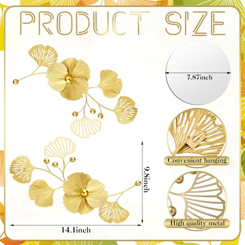 Tandefio 3 Pcs Metal Decorative Wall Mirrors for Living Room Metal Ginkgo Leaf Mirror Modern Creative Wall Decor Art Hanging Decor Mirror for Entrance Bedroom Living Room(Gold,16.inches) - color: Gold