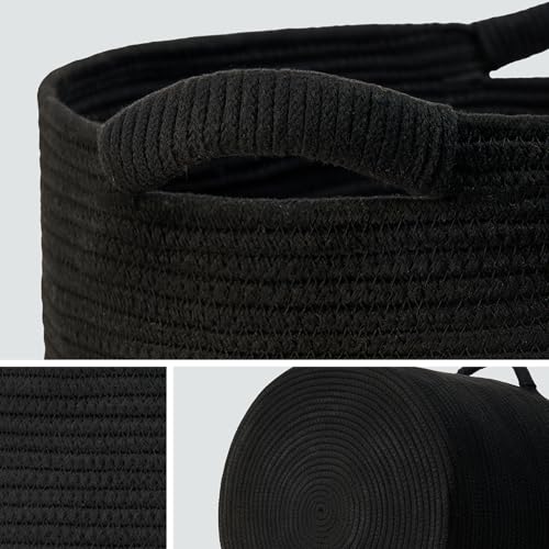 Blanket Basket (16" Dx14 H) - Round Woven Rope Storage for Living Room Throws, Pillows & Laundry- Black - color: Black, size: 16" X 16" X 14"