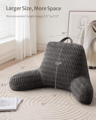 Blissful Diary Reading Pillow, Large Backrest Pillow with Shredded Memory Foam for Adult & Children, Designed for Bed and Couch Sitting Up, Includes Arms, Pockets and Washable Cover, Dark Gray - color: Textured Dark Gray, size: Large(20inch)