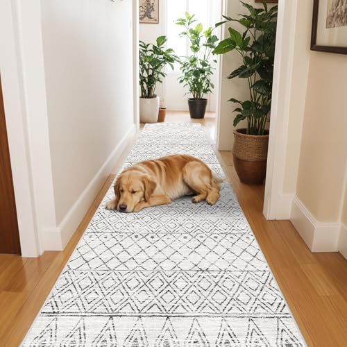 BVVYOO Hallway Runner Rug Moroccan 2'x6' Geo Grey | Washable, Non-slip Backing, Soft Thin Low Pile Texture,Ideal for Front Door Entry, Bedroom, Living Room - color: Geo Grey, size: 2' x 6' (Rectangular)