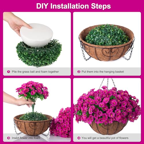 Ammyoo Artificial Hanging Flower Plants with Basket for Outdoor Decoration, Faux Petunias Flowers Fake Morning Glory Planter for Outside Patio Garden Porch Balcony Yard Decor(Fuchsia) - color: Fuchsia