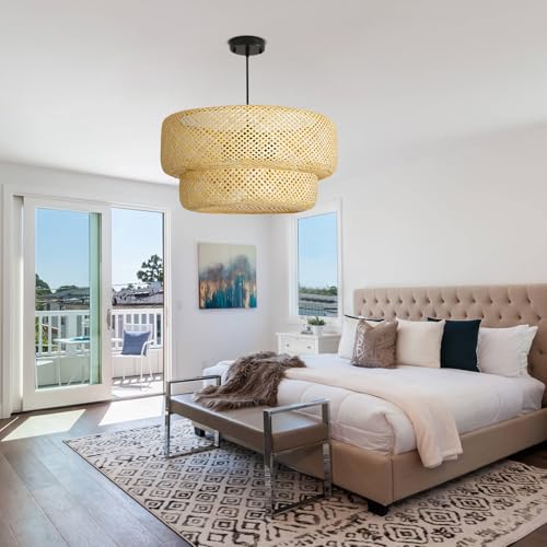23.65” Farmhouse Bamboo Chandelier 4-Lights Large Hand-Woven Rattan Pendant Light Boho Bamboo Dining Room Lights Fixtures for Bedroom Living Room Restaurant Cafe Kitchen Island - color: Beige-23.65IN