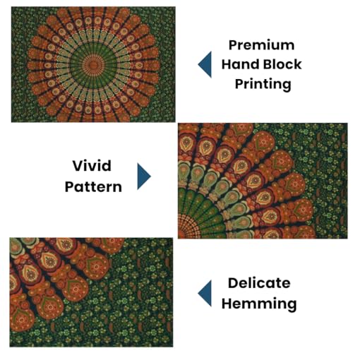 FURNISHFUL FINESSE Handmade Cotton Peacock Mandala Tapestry - Indian Boho Wall Decor, Bohemian Hippie Room Hanging for Bedroom & Living Room- 54x84 Inches, (Golden Green) - color: Golden Green, size: 84"L x 54"W