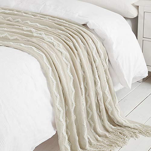 BOURINA Fluffy Chenille Knitted Fringe Throw Blanket Lightweight Soft Cozy for Bed Sofa Chair Throw Blankets Beige 60" x 80" - color: A-beige, size: 60"×80"