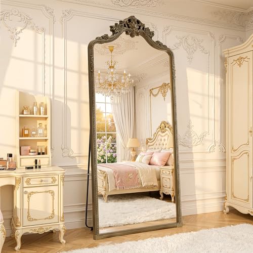 71"x32" Bronze Arched Full Length Mirror with Stand, Full Body Mirrors for Leaning or Hanging, Traditional Ornate Vintage Floor Mirror,Baroque Antique Long Mirrors for Wall,Decor, Living Room, Bedroom - color: Vintage Copper