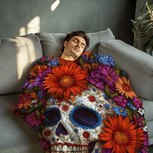 Sugar Skull Throw Blanket, Gift for Women and Men, Day of Dead Theme, Lightweight Fleece for Halloween Home Decor, Couch and Chair, 40x50 Inches - color: Skull Flower
