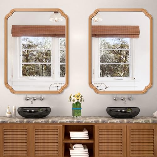 Ferytange Wood Bathroom Mirror for Over Sink, 30" x 40" Modern Rounded Corner Rectangle Wall Mirror for Bathroom Vanity Decorative with Rustic Wooden Framed (Horizontal/Vertical) - color: Natural Wood, size: 40"L x 30"W