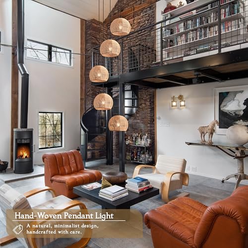 5-Light Woven Foyer Chandeliers for High Ceiling,5 Dome Boho Rattan Pendant Light Farmhouse Wicker Ceiling Light,rustic Hemp rope Light Fixture For Living Room Hallway Staircase Entryway(Bulb Incl. - color: 14" Natural 5-Light