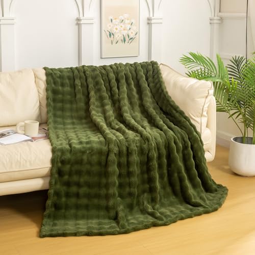 YUSOKI 3D Fleece Bubble Throw Blanket | 380GSM Ultra Soft Fluffy Plush | Non-Shedding Lightweight Cozy Blanket for Couch Sofa Bed | All Season(Olive Green,50 * 60inches) - color: Olive Green, size: Throw(50" x60")