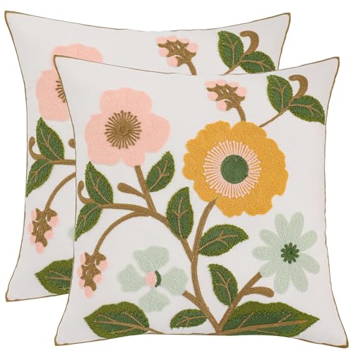Floral Throw Pillow Covers 18x18 Pack of 2 Pink and Yellow Flower Embroidered Pillow Cover with Green Leaves Farmhouse Pillow Cushion Case Decorative Farm Pillowcases for Summer Fall Autumn - color: Yellow and Pink Flowers