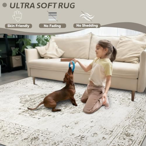 Washable Rugs 5x7 Living Room Rug: Vintage Neutral Area Rugs Soft Non-Slip Indoor Low Pile Carpet for Bedroom Dining Room Nursery Office (Taupe, 5' x 7') - color: Taupe, size: 5' x 7' (Rectangular)