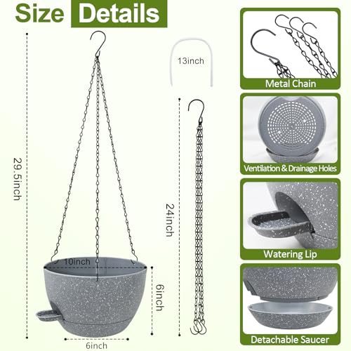 WOUSIWER Self Watering Hanging Planters, 2 Pack 10'' Plastic Pots with Drainage Holes & Reservoir Tray (Speckled Grey) | Indoor & Outdoor Use for Ferns, Ivy, Herbs, Succulents - color: Grey Speckled, size: 2 Pack 10 inches