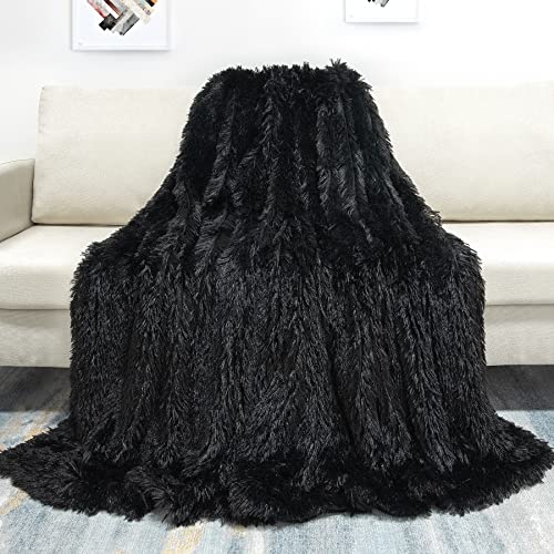 Tuddrom Decorative Extra Soft Faux Fur Blanket Twin Size 70" x78",Reversible Fuzzy Lightweight Long Hair Shaggy Fleece Blanket,Fluffy Cozy Plush Comfy Microfiber Throw Blanket for Couch Sofa Bed,Black - color: Black, size: Twin-70" x 78"