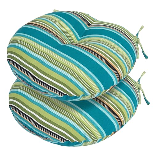 FUNHOME 15"x15"x4" Bistro Chair Cushion Set of 2, Water Repellent Round Outdoor Chair Cushions with Ties, Patio Tufted Chair Pads for Home Garden (Green Stripe) - color: Green Stripe