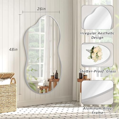 JJUUYOU Bathroom Wall Mirror Irregular Mirrors for Wall Large Metal Frame Hanging 26"x47" Vanity Wall Mounted Mirror for Living Room Bedroom Entryway Vanity Home Decor Silver - color: Silver, size: 47"L x 26"W