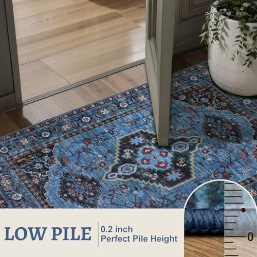 Tangsoo Blue 2x3 Washable Rugs for Entryway Oriental Non Slip Small Area Rug, Vintage Indoor Front Door Rug, Print Door Mat Indoor Entrance Soft Low Pile Throw Rug for Entry Kitchen Bedroom Blue/Black - color: Blue/Black, size: 2' X 3' (Rectangular)