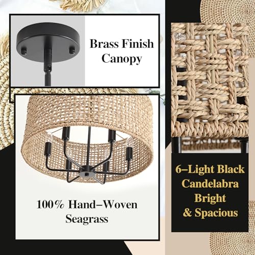 6-Light Rattan Chandelier for Dining Room, Boho Chandelier, Coastal Hand Woven Pendant Light Fixture for Kitchen Island Entryway Foyer Living Room Bedroom UL Listed Black - color: Black, size: 21.65"
