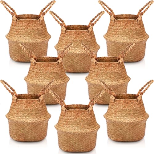 Qunclay 8 Pcs Woven Seagrass Baskets Belly Basket Folding Boho Natural Plant Pot with Handles Round Decorative Wicker Large Indoor Planter for Home Outdoor Tree Planters Decor (S,8.7''dx7.9''h) - size: S,8.7''Dx7.9''H