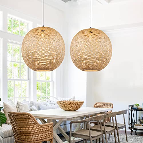 Arturesthome 1 Light Round Bamboo Pendant Lights, Wicker Chandelier Hand-Woven Boho Basket Lampshade Hanging Ceiling Light for Kitchen Island Living Room - size: 17.68″W x 14.9″H