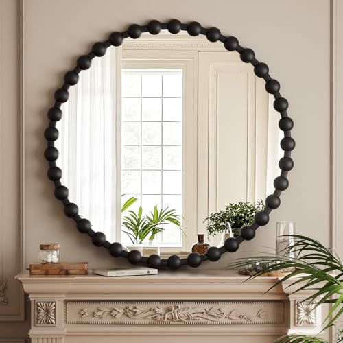 Easly Round Mirror for Wall, 32 Inch Black Beaded Frame Decorative Vanity Mirror, Circle Bathroom Mirror with High-Definition Lense, Modern Wall Decor for Bathroom, Living Room, Bedroom, Entryway - color: Black, size: 32"L x 32"W