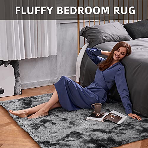 Ophanie Tie-Dyed Black&Grey Area Rugs for Bedroom Living Room, Fluffy Shag Fuzzy Carpet, Plush Shaggy Rug, 4x6 Indoor Carpet for Kids Boys Dorm Home Decor Aesthetic, Nursery - color: Tie-dyed Black & Grey, size: 4' x 6' (Rectangular)
