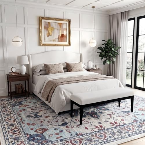 10x12 Area Rugs for Living Room, Machine Washable Boho Vintage Rug, Waterproof Surface & Non-Slip Backing, Foldable Soft Low Pile Floral Medallion Carpet for Bedroom Dining Room - color: Grey/Oriental Blue/Burgundy, size: 10' x 12' (Rectangular)
