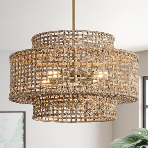 17.7” Boho Rattan Chandelier Light Fixture 4-Light Hand Woven Rustic Chandeliers with Wicker Shade, Farmhouse Chandelier Hanging Light for Dining Room Kitchen Island, Living Room, Foyer - color: Linen, size: 17.7" 4-Light