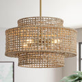 17.7” Boho Rattan Chandelier Light Fixture 4-Light Hand Woven Rustic Chandeliers with Wicker Shade, Farmhouse Chandelier Hanging Light for Dining Room Kitchen Island, Living Room, Foyer - color: Linen, size: 17.7" 4-Light