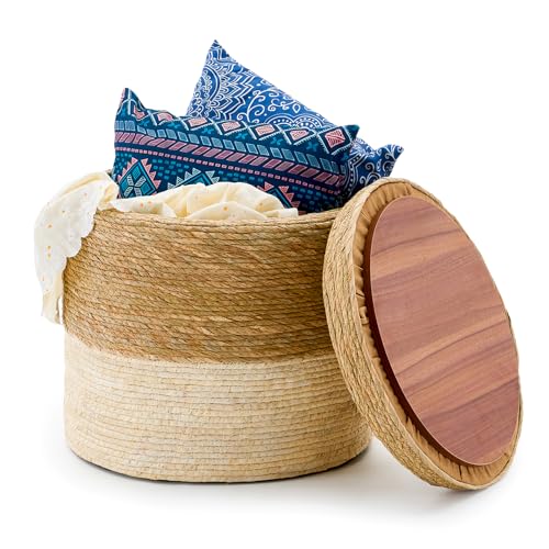 Wimarsbon 18'' Ottoman Pouf, Natural Braided Poof, Rustic Handweave Lounge Pouffe, Boho Footrest Stool for Bedroom, Accent Table for Living Room (Stoage - 18inch Cattail+Beige Corn Husk L) - color: Stoage - 18inch Cattail+beige Corn Husk L
