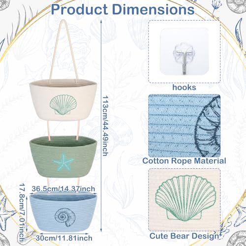 Hushee 3-Tier Over the Door Hanging Baskets Coastal Woven Cotton Wall Mounted Storage Baskets Decorative Starfish Seashell Scallop Cotton Rope Organizer for Kitchen Bathroom Living Room Decor
