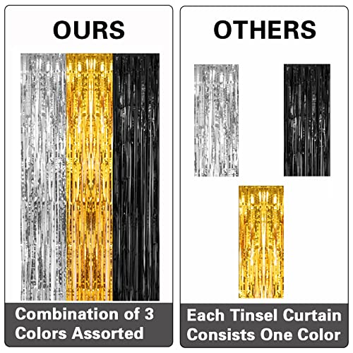 PIGETALE, 2 Pack 3.2x8.2 Feet Silver Black and Gold Tinsel Foil Fringe Curtains Streamers Backdrop for Bridal Baby Shower Wedding Engagement Birthday Graduation Bachelorette Holiday Party Decorations - color: Black, Silver and Gold