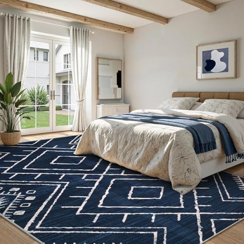 LIVEBOX Moroccan 8x10 Area Rug, Navy Washable Rugs for Living Room Bedroom, Western Tribal Rug Non Slip Low Pile Modern Geometric Large Area Rugs Diamond Carpet for Dining Room Home Office Decor Boho - color: Navy, size: 8‘ x 10'