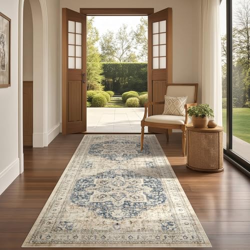 Tortania Area Rug 2x6 Runner Rugs - Washable Vintage Oriental Farmhouse Thin Indoor Carpet for Living Room Bedroom Hallway Entryway Kitchen Under Dining Table Home Office - Cream/Blue - color: Cream/Blue, size: 2' x 6' (Runner)
