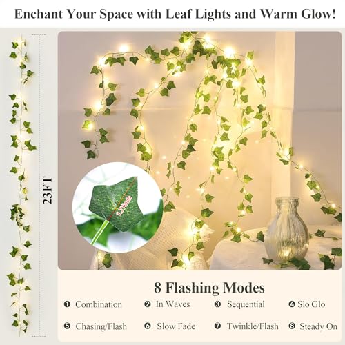 YOUNGAR Ivy Vines with Fairy Lights,Leaf String Warm White Lights Battery/USB Operated,23FT 73LED Fake for Bedroom Wall Room Wedding Birthday Garden Party Wall Room Decor - color: Ivy (Warm White), size: 73 LED-USB/Battery-Copper Wire-1Pack