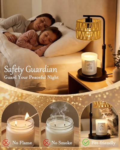 Candle Warmer Lamp, Timer Dimmable Candle Lamp, Adjustable Height and Brightness Candle Warmer, Boho Rattan Lampshade and 2 Bulbs, Suitable for Home Decor, Birthday Gifts for Women Mom (Black) - color: Boho-black