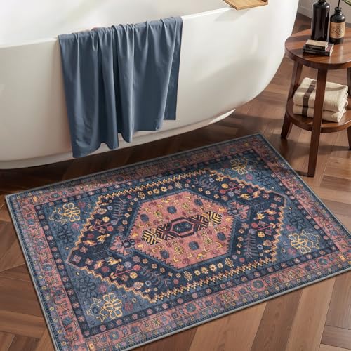 Ciicool Small Area Rug, 2x3ft Boho Rug, Ultra Soft Entry Rugs for Entryway, Non-Slip Washable Oriental Low-Pile Indoor Mat Floor Carpet for Entrance Bedroom Kitchen Bathroom Foyer Decor - color: Navy/Multi, size: 2' X 3' (Rectangular)
