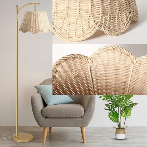 Arc Floor Lamp for Living Room，Rattan Boho Floor Lamp with Hand-Woven Wicker Shade, Foot Switch, Gold/Silvery Metal Base & Pole,Standing Lamp for Bedroom (Gold) - color: Gold&Off White