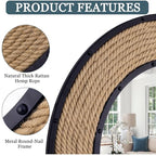 30'' Nautical Round Mirror, Black | Rattan & Metal Frame, Ship Rudder Design, Boho Coastal Wall Decor, , For Bathroom, Living Room, Dining Room, Entryway